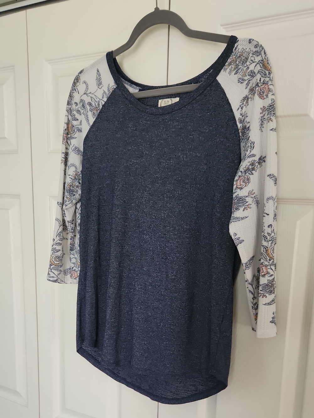 Navy Knit Raglan 3 Quarter Sleeve Tee with Floral Sleeves